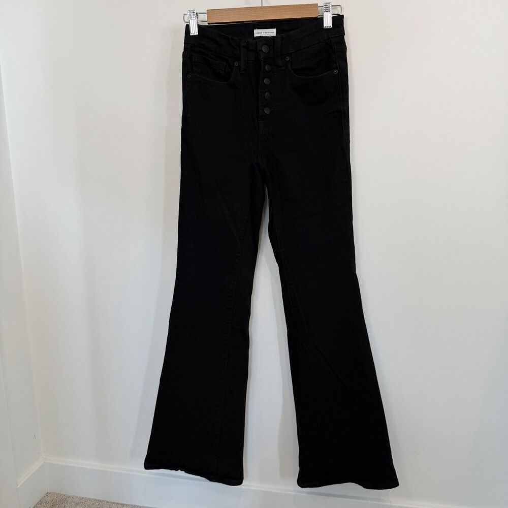 Good American Good Legs Flare Jeans Womens 4 / 27 Black Slimming Stretch Boho